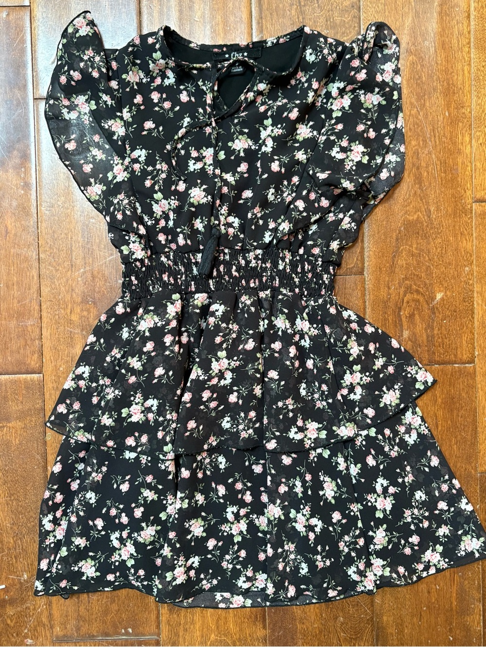 Flowers by Zoe girls Black Floral Tiered Dress with Smocked Waist